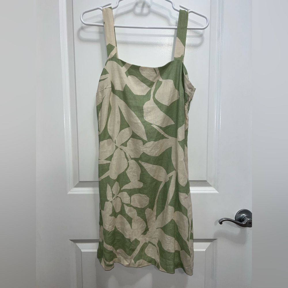 Green & Cream Floral Linen Dress
